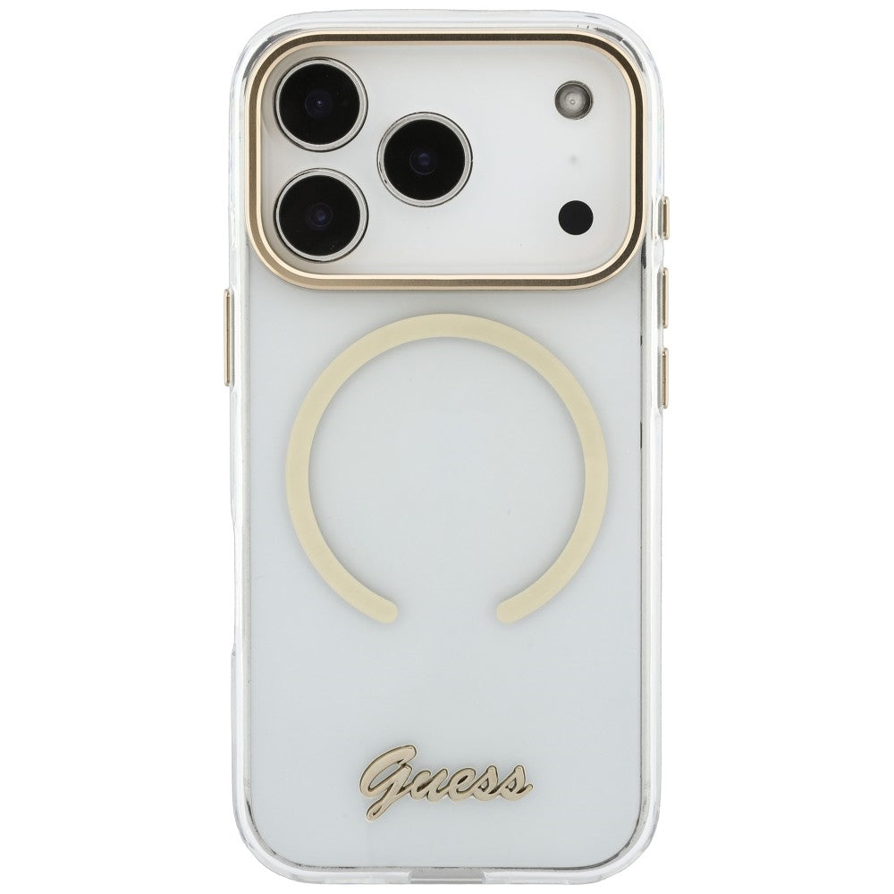 Guess iPhone 18 Pro / iPhone 17 Pro - Σκληρή Θήκη με Πλαίσιο Σιλικόνης και MagSafe - IML Script Metal - Clear