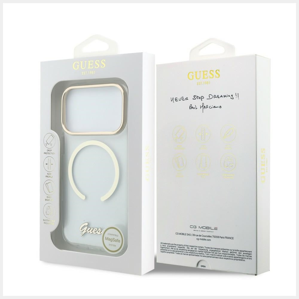 Guess iPhone 18 Pro / iPhone 17 Pro - Σκληρή Θήκη με Πλαίσιο Σιλικόνης και MagSafe - IML Script Metal - Clear