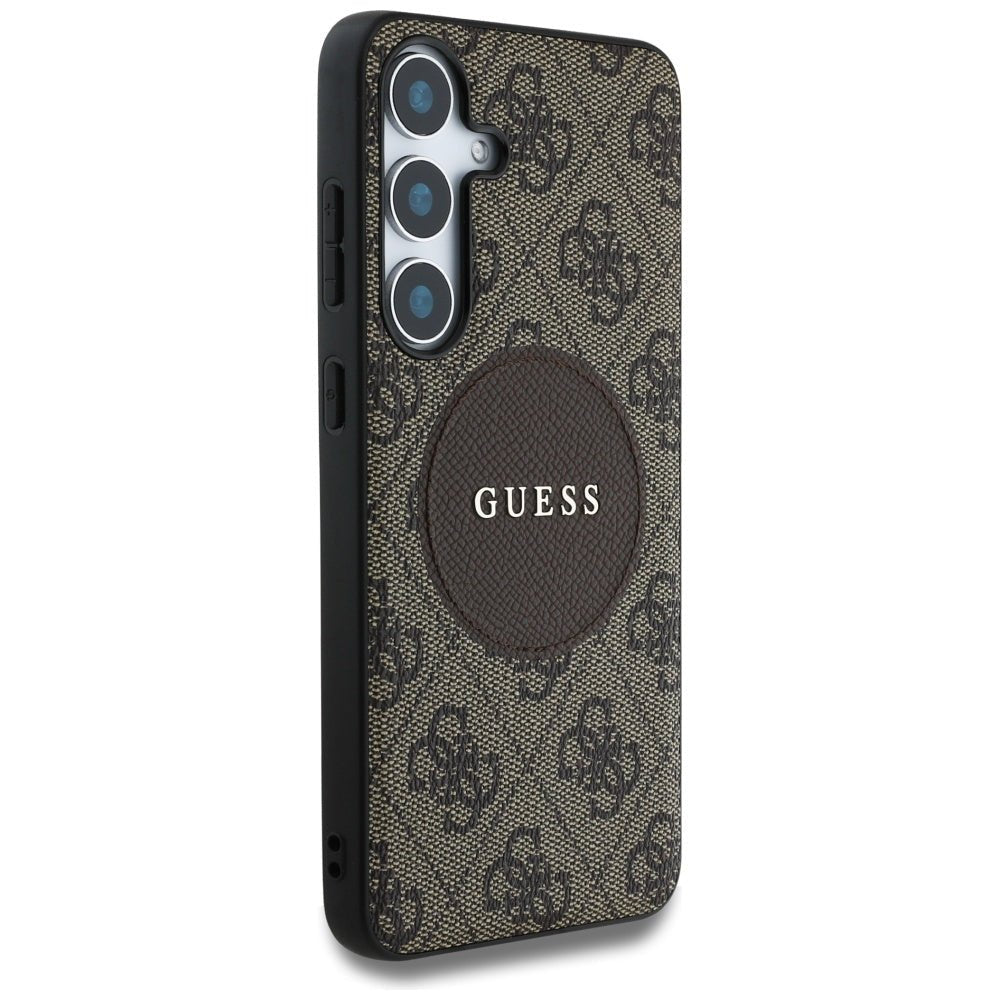 Guess Samsung Galaxy S25 - 4G Round Patch Classic Logo - Θήκη με Επένδυση Συνθετικού Δέρματος και MagSafe - Brown - GUHMS25SP4PGRSGW