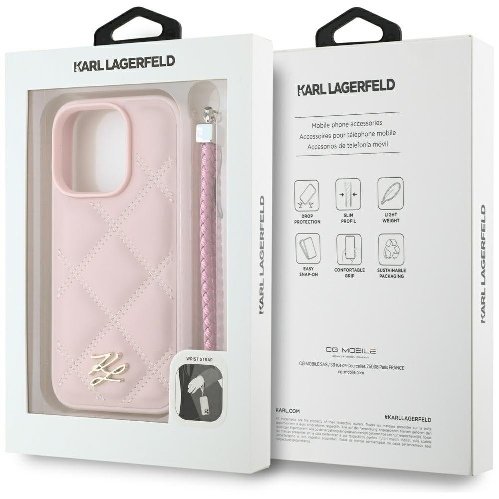 Karl Lagerfeld iPhone 16 Pro Max - Quilted Initial Logo and Chain Strap - Θήκη με Επένδυση Συνθετικού Δέρματος και Λουράκι - Pink - KLHCP16XPSQSKLSMSP