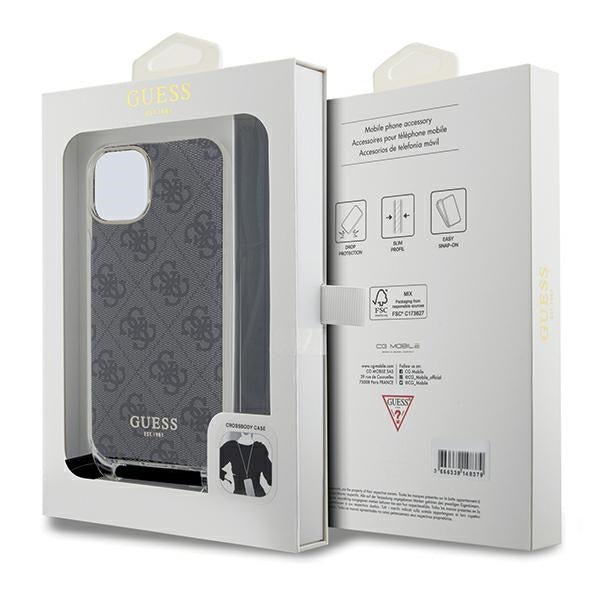 Guess iPhone 15 Crossbody Cord 4G Print Σκληρή Θήκη με Πλαίσιο Σιλικόνης και Λουράκι - Black - GUHCP15SHC4SEK