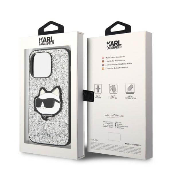 Karl Lagerfeld iPhone 14 Pro Max - Glitter Choupette Patch Σκληρή Θήκη με Πλαίσιο Σιλικόνης - Silver - KLHCP14XG2CPS