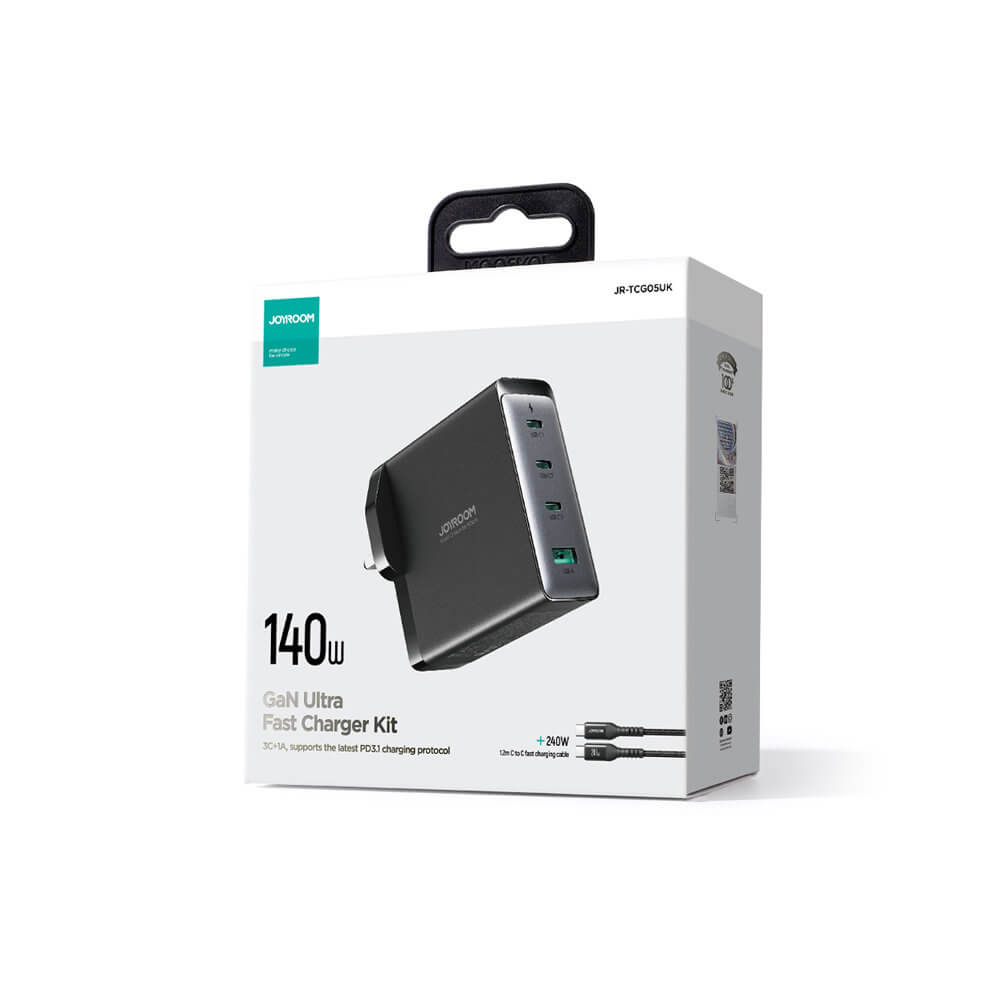 JOYROOM JR - TCG05EU GAN 140W Οικιακός Φορτιστής Γρήγορης Φόρτισης με 3 Θύρες Type - C και 1 Θύρα USB και Καλώδιο Type - C to Type - C - Black