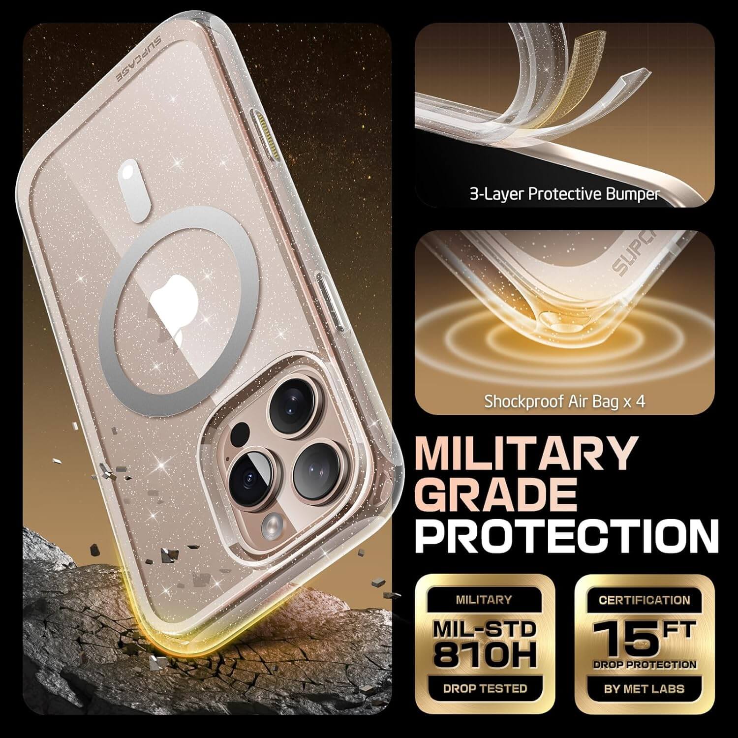 Supcase iPhone 16 Pro Max - Unicorn Beetle Slim Clear MagSafe Σκληρή Θήκη - Glitter Pink