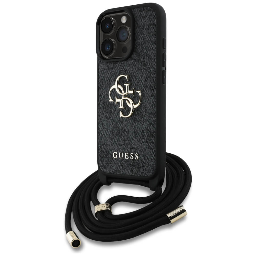 Guess iPhone 16 Pro - 4G Big Logo Cord Stap Crossbody - Θήκη με Επένδυση Συνθετικού Δέρματος και Λουράκι - Black - GUHCP16LP4GMGCRK