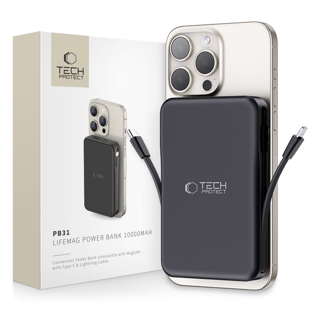 Tech - Protect PB31 Lifemag Ασύρματο MagSafe PowerBank Κινητού 10000 mAh με Ενσωματωμένο Καλώδιο Type - C και Lightning - Black