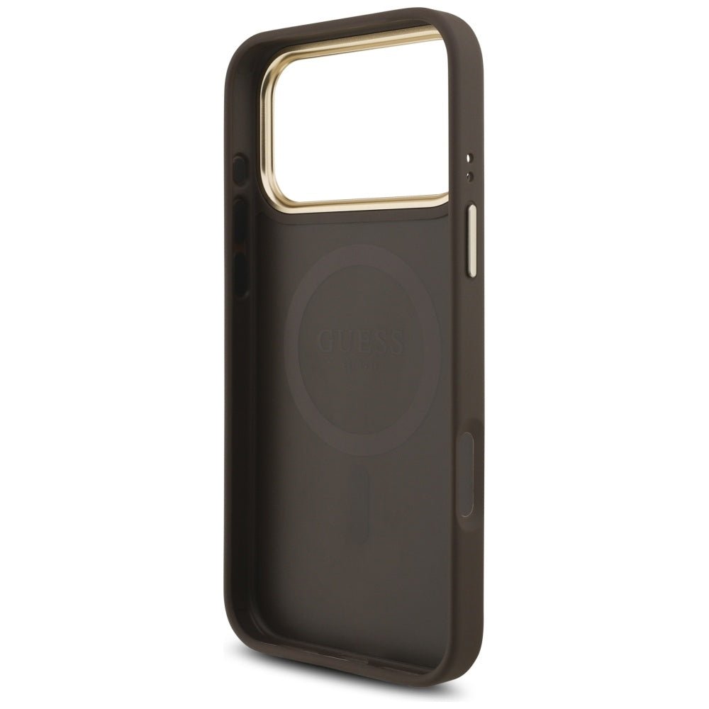 Guess iPhone 17 Pro Max - 4G Triangle Strass Logo MagSafe - Σκληρή Θήκη με Επένδυση Συνθετικού Δέρματος - Brown / Gold - GUHMP17XP4GTDGMW