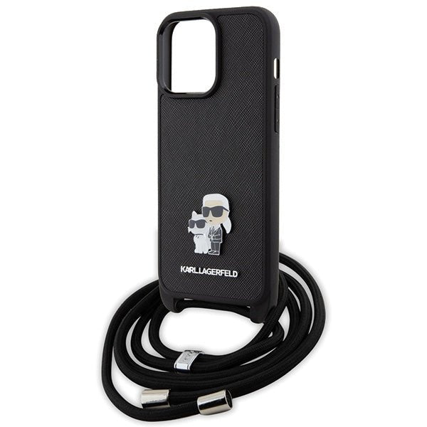 Karl Lagerfeld iPhone 15 Pro Max - Crossbody Saffiano Metal Pin Karl Choupette Σκληρή Θήκη με Επένδυση Συνθετικού Δέρματος και Λουράκι - Black - KLHCP15XSAKCPSK