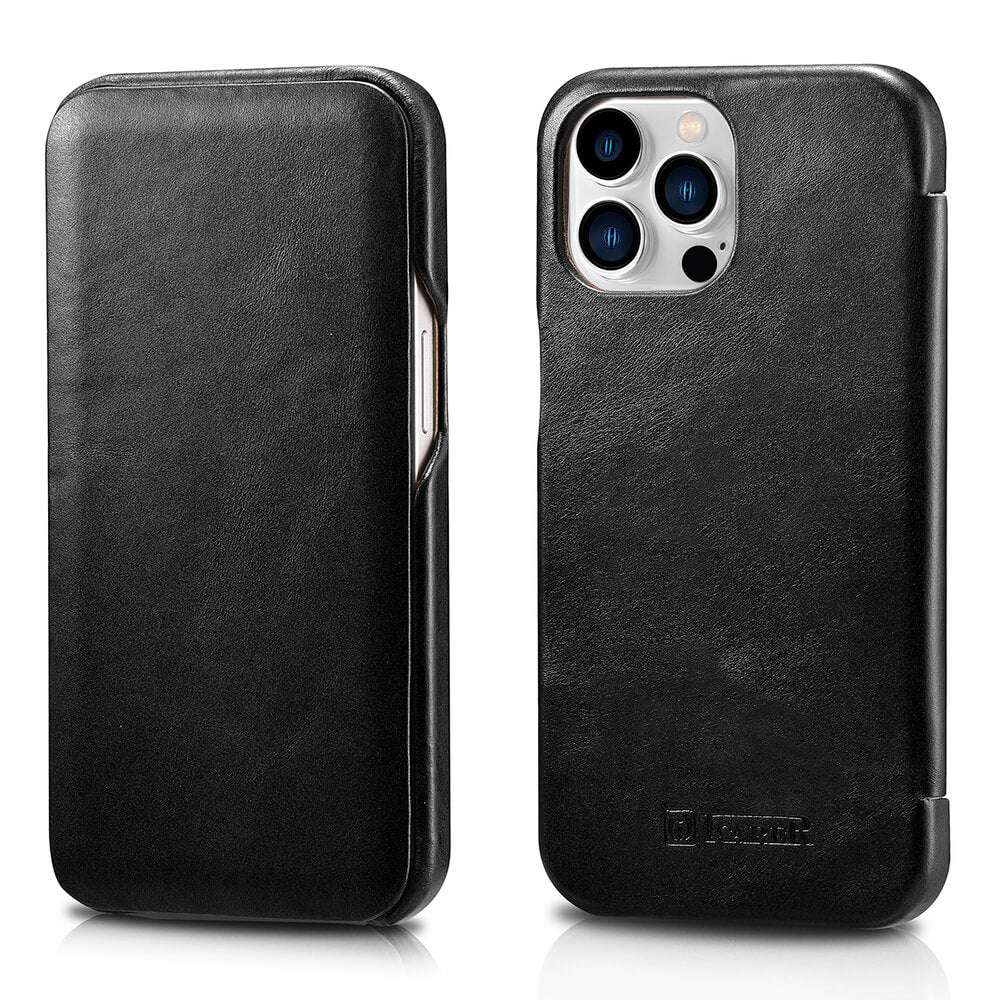iCarer iPhone 13 Pro Vintage Wallet Case with Genuine Leather Θήκη Πορτοφόλι από Γνήσιο Δέρμα - Black