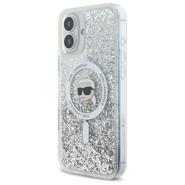 Karl Lagerfeld iPhone 16 - Liquid Glitter Karl Head MagSafe - Σκληρή Θήκη με Πλαίσιο Σιλικόνης - Διάφανη - KLHMP16SLGKISGH
