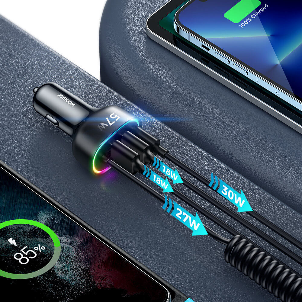 Joyroom JR - CL20 4in1 Fast Car Charger 57W Φορτιστής Αυτοκινήτου με 2 Θύρες USB, 1 Θύρα Type - C και Καλώδιο Lightning 1.6m - Black