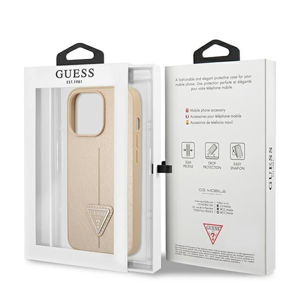 Guess iPhone 14 Pro Max Saffiano Σκληρή Θήκη με Πλαίσιο Σιλικόνης - Beige - GUHCP14XPSATLE