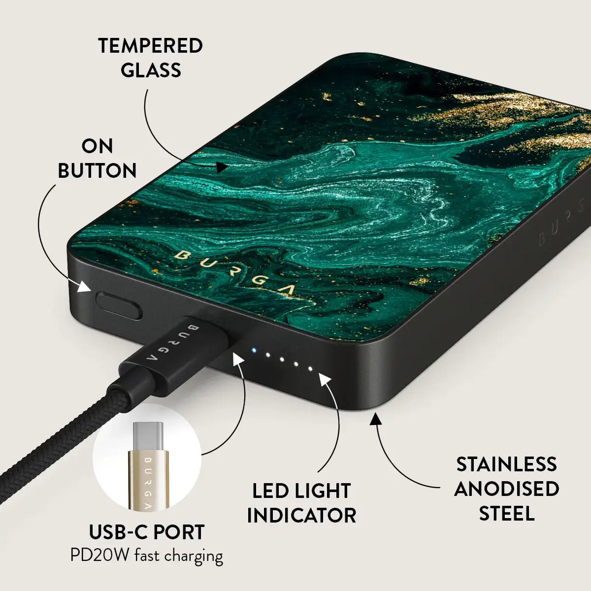Burga Μαγνητικό Ασύρματο MagSafe PowerBank 5000mAh με Καλώδιο Type - C to Type - C - Gunmetal - Emerald Pool