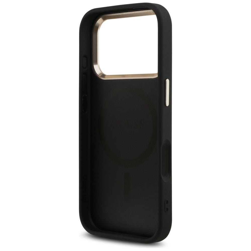 Guess iPhone 17 Pro - 4G Triangle Strass Logo MagSafe - Σκληρή Θήκη με Επένδυση Συνθετικού Δέρματος - Black / Gold - GUHMP17LP4GTDGMK