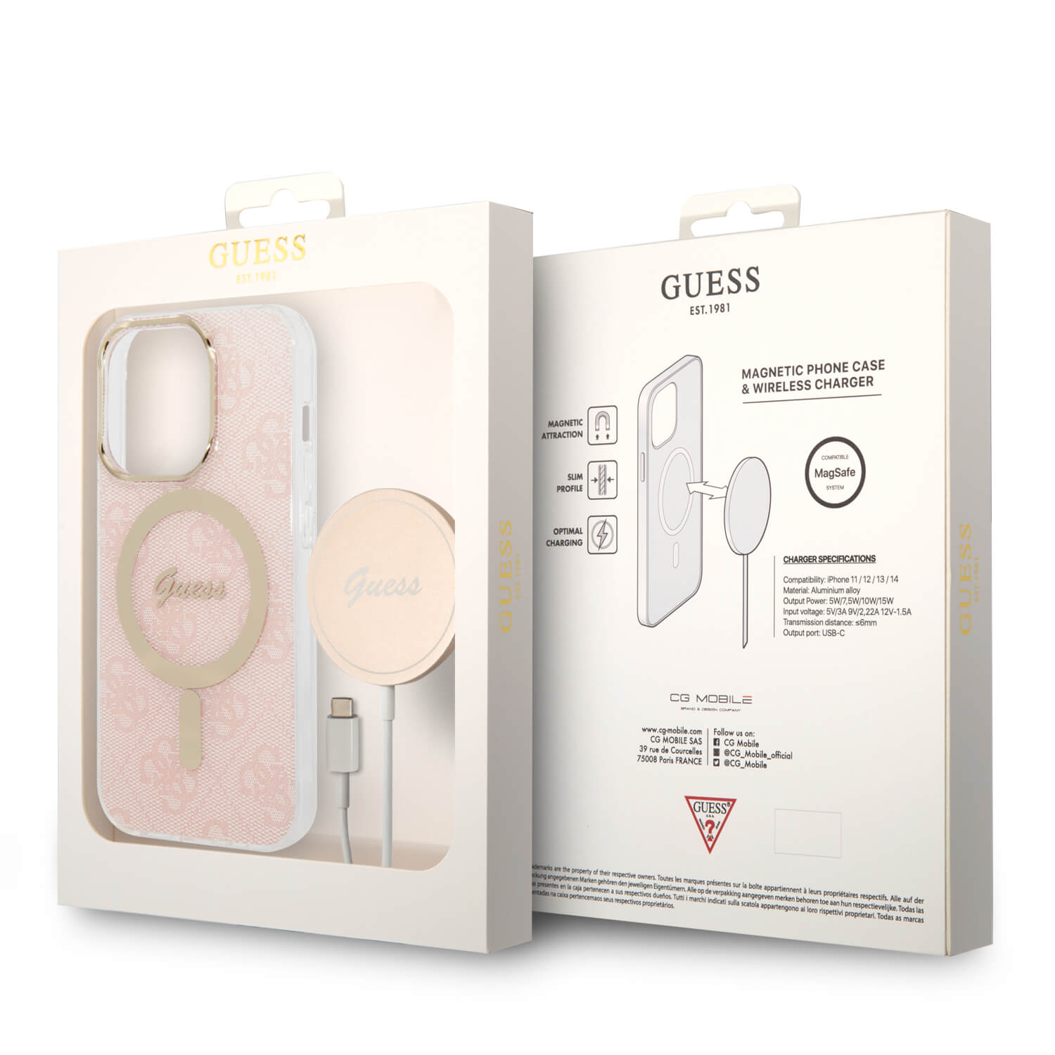 Guess iPhone 14 Pro - Bundle Pack MagSafe - Σετ Σκληρή Θήκη με Πλαίσιο Σιλικόνης και Ασύρματος Φορτιστής MagSafe - Design 4G and Gold - Pink - GUBPP14LH4EACSP