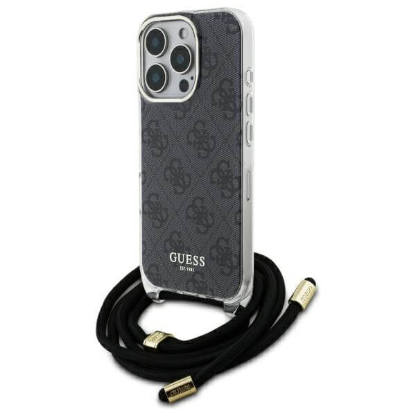 Guess iPhone 16 Pro - Crossbody Cord 4G Print - Σκληρή Θήκη με Πλαίσιο Σιλικόνης και Λουράκι - Black - GUHCP16LHC4SEK