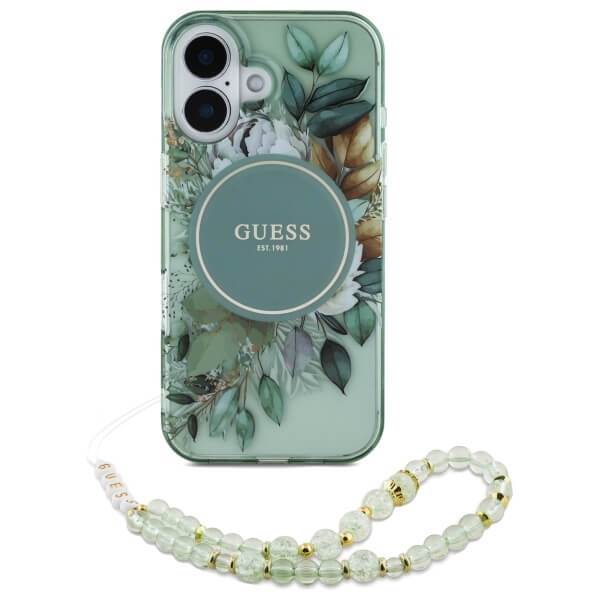 Guess iPhone 16 Plus - IML Flowers With Pearl Strap MagSafe - Σκληρή Θήκη με Πλαίσιο Σιλικόνης και Λουράκι - Green - GUHMP16MHFWBRCESN