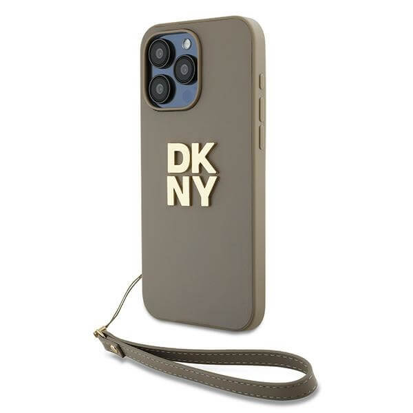 DKNY iPhone 15 Pro Max - Wrist Strap Stock Logo - Σκληρή Θήκη με Επένδυση Συνθετικού Δέρματος και Λουράκι - Beige