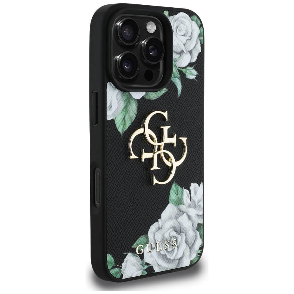 Guess iPhone 16 Pro - Grained Roses Big 4G Logo - Σκληρή Θήκη με Επένδυση από Οικολογικό Δέρμα - Black - GUHCP16LPGROP4MK