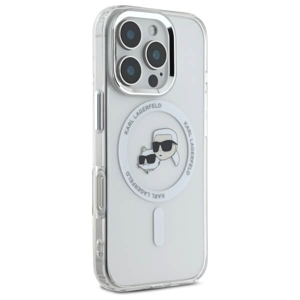 Karl Lagerfeld iPhone 16 Pro Max - IML Metal Karl and Choupette Head - Σκληρή Θήκη με Πλαίσιο Σιλικόνης και MagSafe - White - KLHMP16XHLSKCH