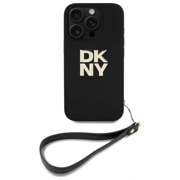DKNY iPhone 16 Pro - Wrist Strap Stock Logo - Σκληρή Θήκη με Επένδυση Συνθετικού Δέρματος με Λουράκι - Black