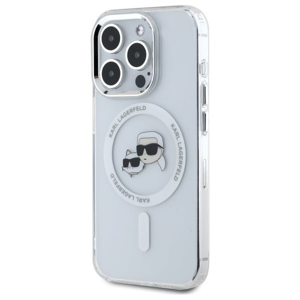 Karl Lagerfeld iPhone 15 Pro - IML Metal Karl and Choupette Head - Σκληρή Θήκη με Πλαίσιο Σιλικόνης και MagSafe - White - KLHMP15LHLSKCH