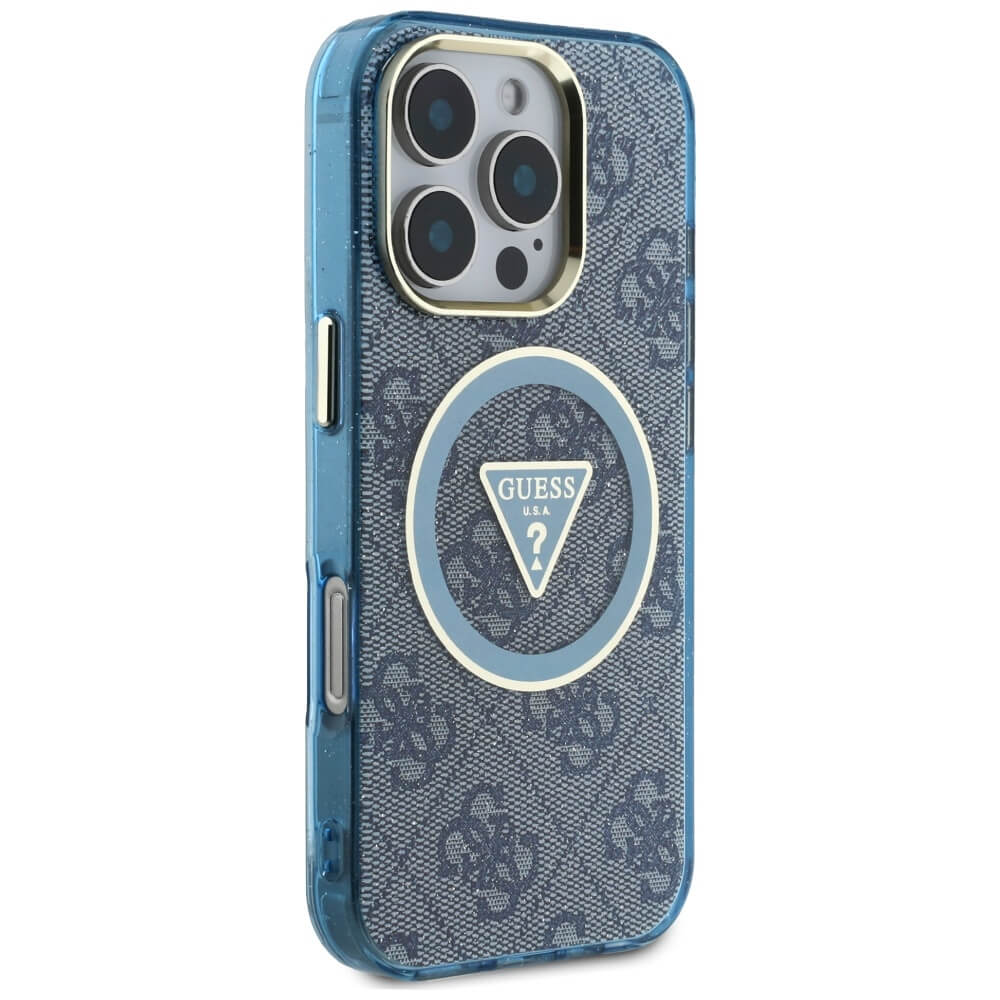 Guess iPhone 16 Pro - IML Metal Glitter 4G Circle Triangle MagSafe - Σκληρή Θήκη με Πλαίσιο Σιλικόνης και MagSafe - Blue - GUHMP16LHG4PRTGB