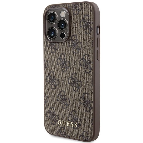 Guess iPhone 15 Pro Max - 4G Metal Gold Logo Σκληρή Θήκη με Επένδυση Συνθετικού Δέρματος - Brown - GUHCP15XG4GFBR