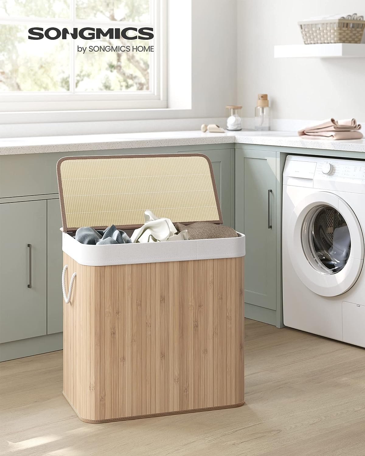 Songmics Καλάθι Απλύτων από Μπαμπού με 3 Διαμερίσματα - 150L - Natural - LCB091N01