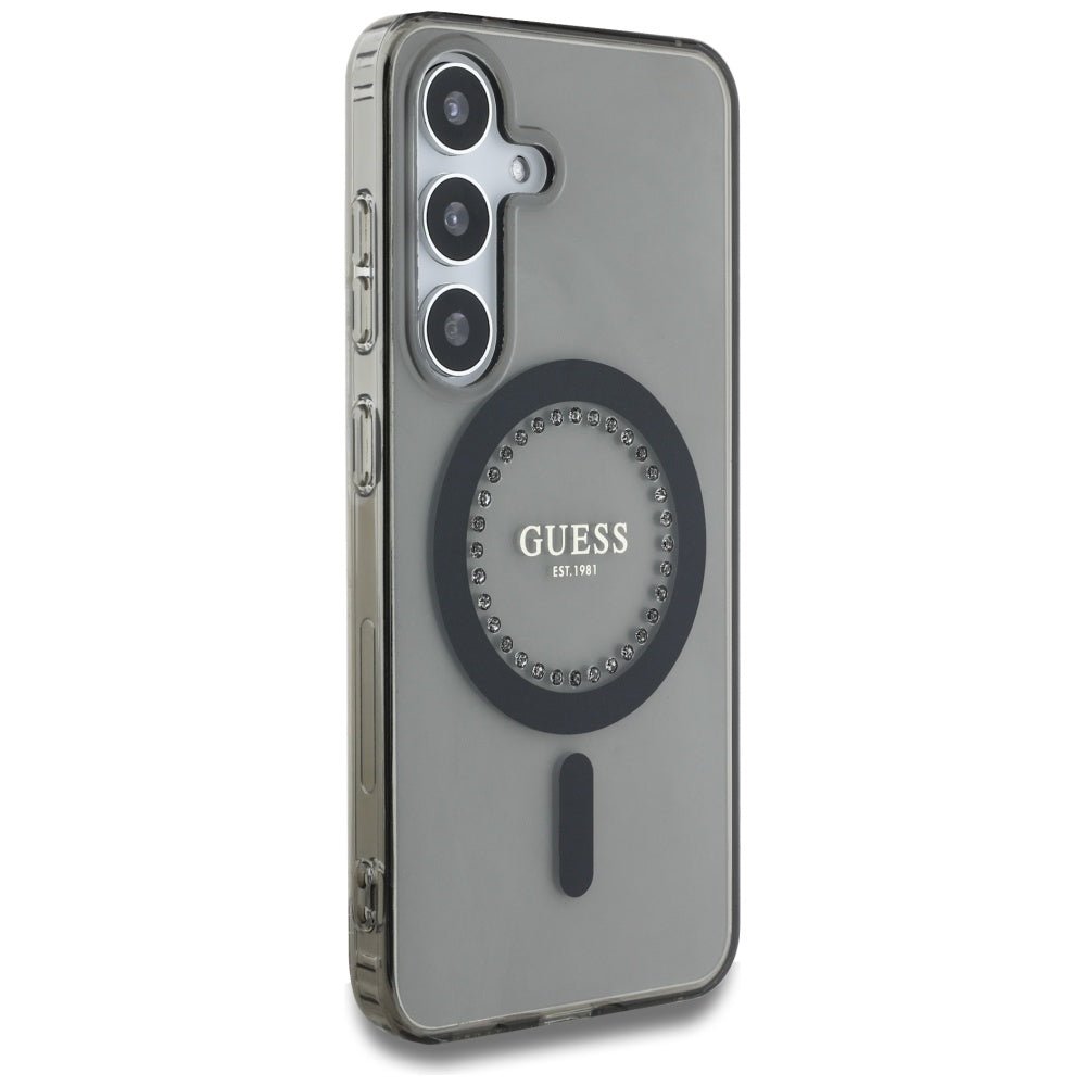 Guess Samsung Galaxy S25 - Rhinestones Printed Classic Logo - MagSafe Σκληρή Θήκη με Πλαίσιο Σιλικόνης - Black - GUHMS25SPFTDTEK