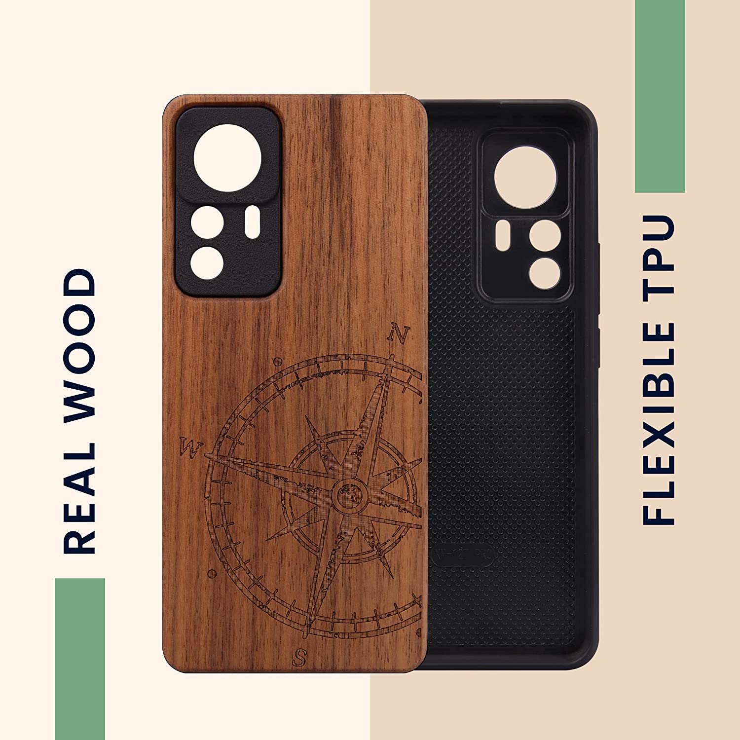 KW Xiaomi 12T / 12T Pro Θήκη από Φυσικό Ξύλο - Design Navigational Compass - Dark Brown - 60150.01