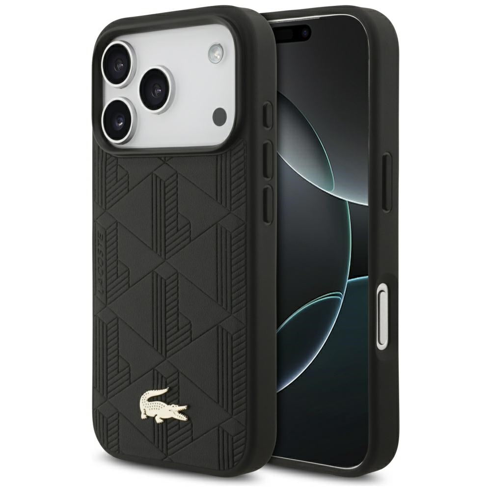 Lacoste iPhone 17 Pro - Nomograme Gold Logo MagSafe - Σκληρή Θήκη με Πλαίσιο Σιλικόνης και Επένδυση Οικολογικού Δέρματος - Black