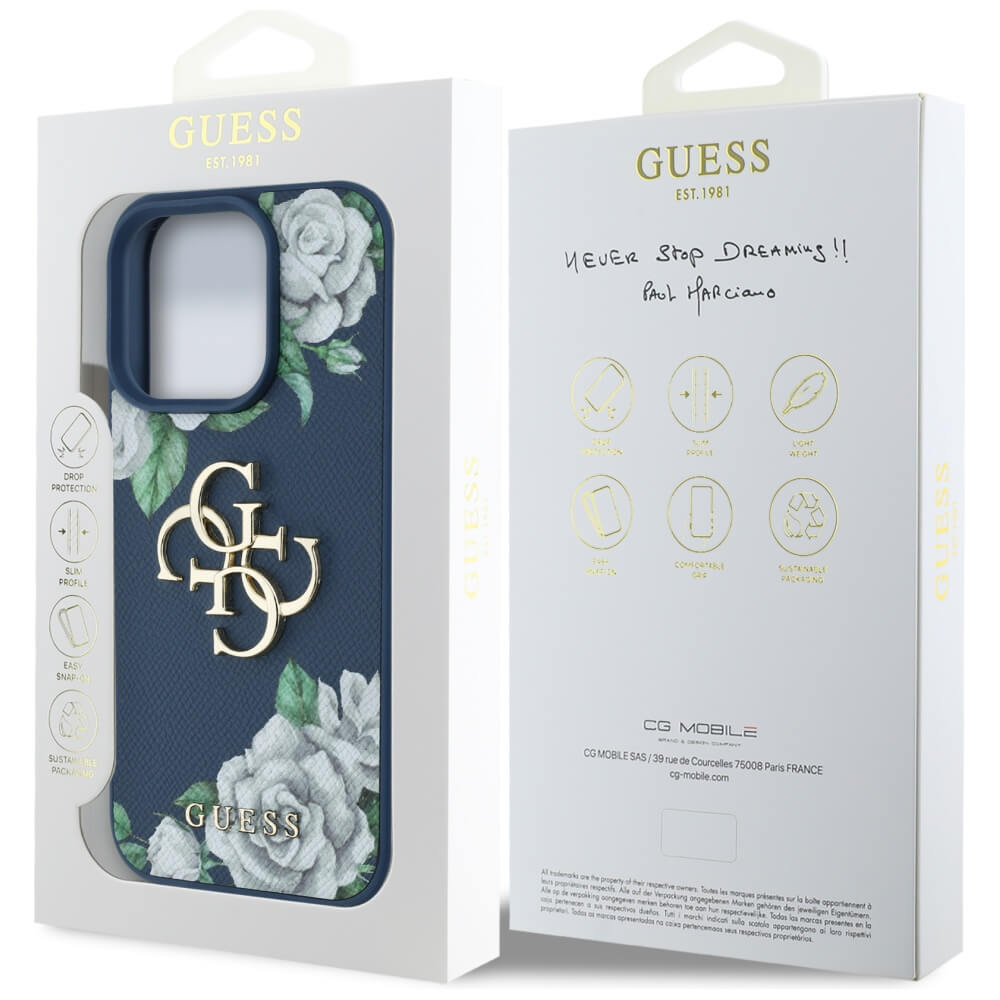 Guess iPhone 16 Pro - Grained Roses Big 4G Logo - Σκληρή Θήκη με Επένδυση από Οικολογικό Δέρμα - Blue - GUHCP16LPGROP4MB