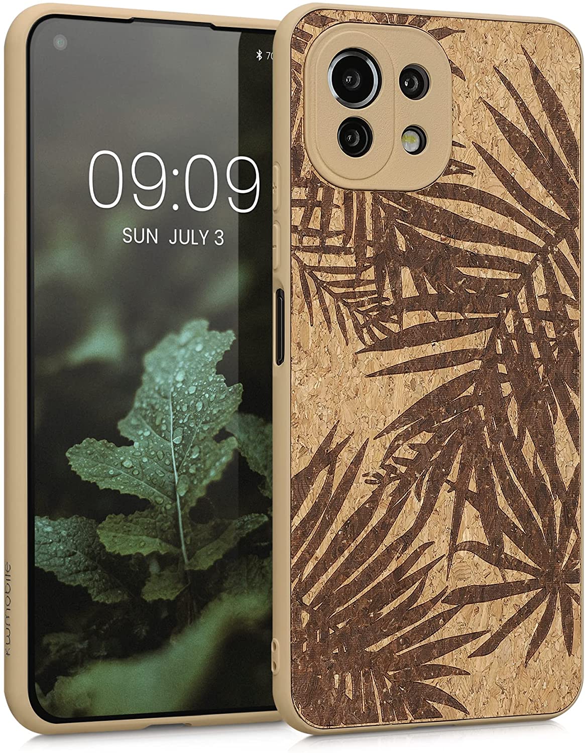 KW Xiaomi Mi 11 Lite / Mi 11 Lite 5G Σκληρή Θήκη από Φελλό με Πλαίσιο Σιλικόνης - Design Palm Leaves - Dark Brown / Light Brown - 57927.01