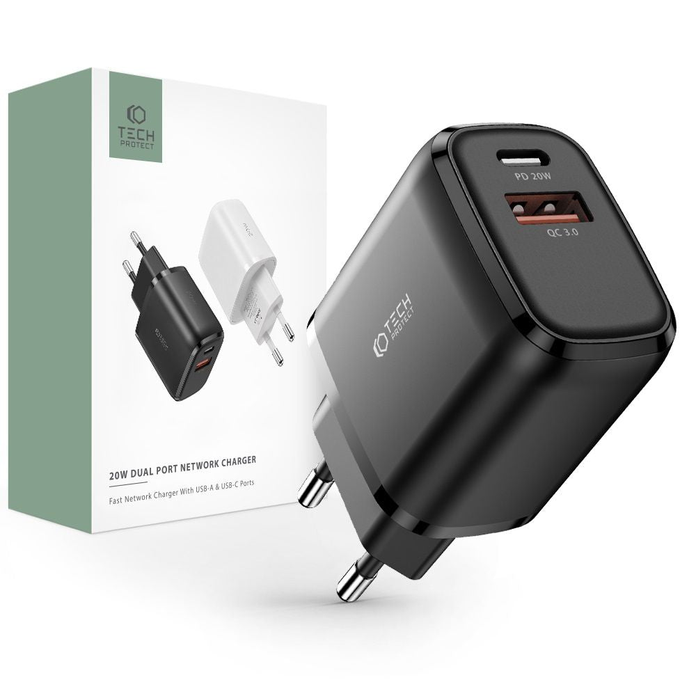 Tech - Protect C20W QC3.0 Οικιακός Φορτιστής Γρήγορης Φόρτισης με 2 Θύρες USB και Type C - Black