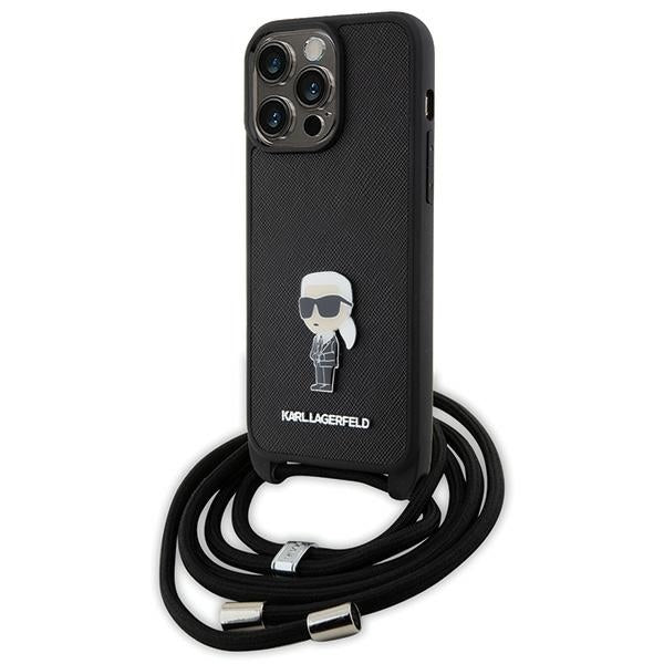 Karl Lagerfeld iPhone 15 Pro Max - Crossbody Saffiano Monogram Metal Pin Karl Choupette Σκληρή Θήκη με Επένδυση Συνθετικού Δέρματος και Λουράκι - Black - KLHCP15XSASKNPSK