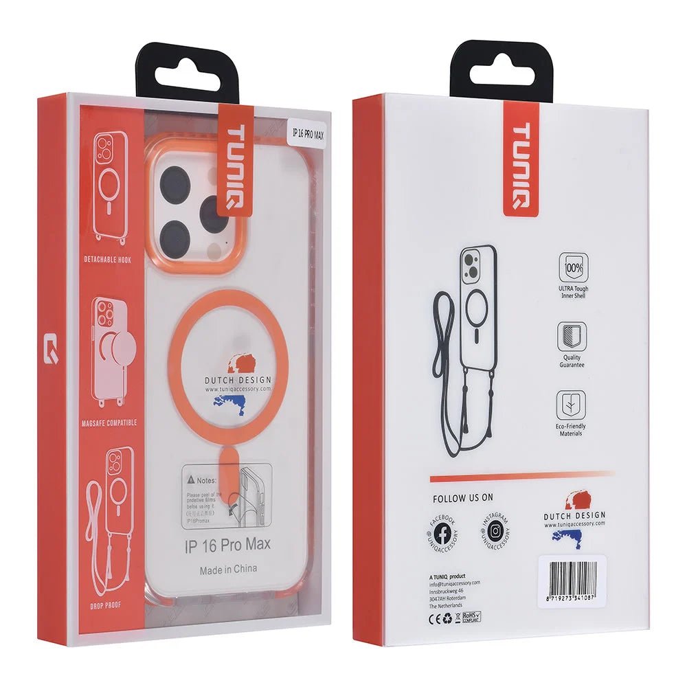 Tuniq iPhone 16 Pro Max - MagSafe Σκληρή Θήκη με Πλαίσιο Σιλικόνης και Λουράκι - Διάφανη / Orange