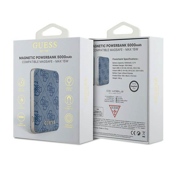 Guess PowerBank 15W - 4G Leather Metal Logo - 5000 mAh - Blue - GUPB5FP4EMGB