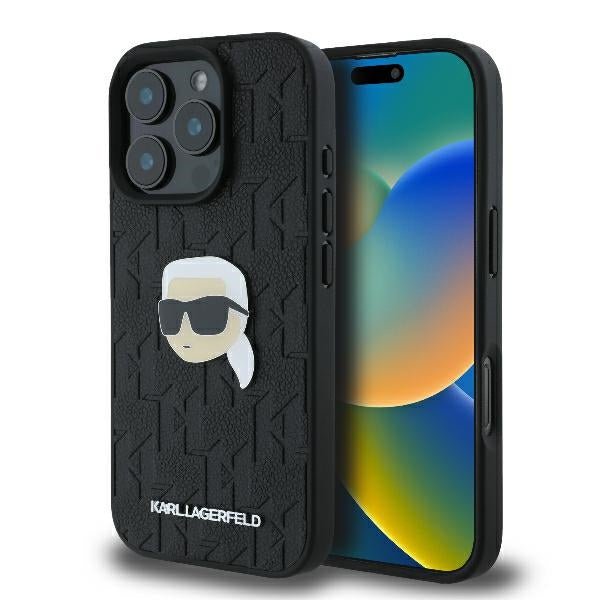 Karl Lagerfeld iPhone 16 Pro - Monogram Karl Head Pin Σκληρή Θήκη με Επένδυση Συνθετικού Δέρματος - Black - KLHCP16LPGKLKIPK