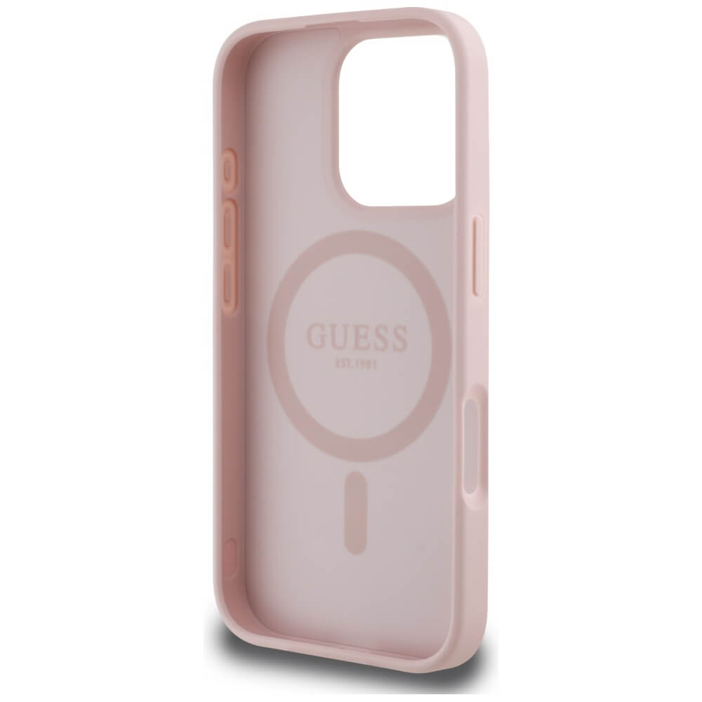 Guess iPhone 16 Pro Max - Grained Hot Stamp Peony Triangle Logo - MagSafe Σκληρή Θήκη με Επένδυση Συνθετικού Δέρματος - Pink - GUHMP16XPGBTMP
