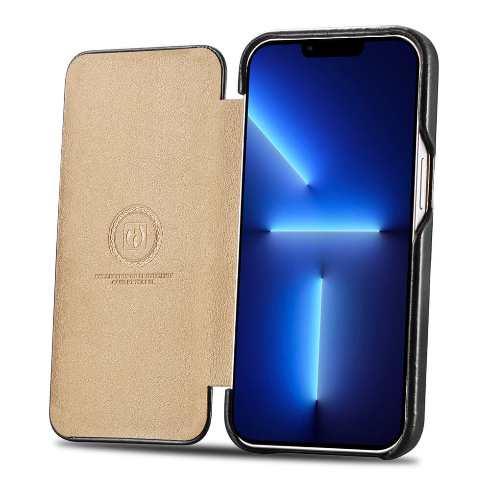 iCarer iPhone 13 Pro Vintage Wallet Case with Genuine Leather Θήκη Πορτοφόλι από Γνήσιο Δέρμα - Black