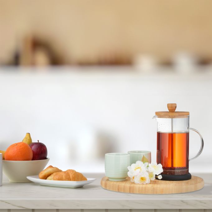 Relaxdays Γαλλική Καφετιέρα με Καπάκι από Bamboo - 600ml - Διάφανη / Natural - 4052025978846