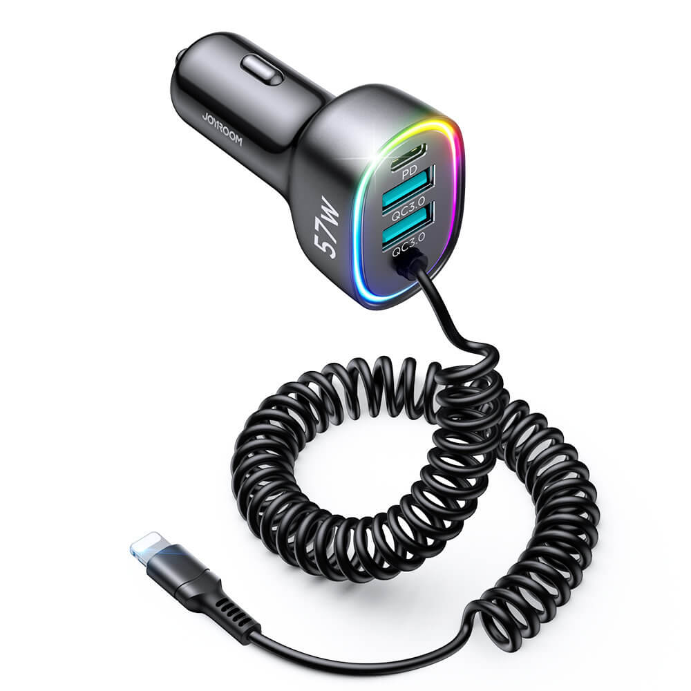 Joyroom JR - CL20 4in1 Fast Car Charger 57W Φορτιστής Αυτοκινήτου με 2 Θύρες USB, 1 Θύρα Type - C και Καλώδιο Lightning 1.6m - Black
