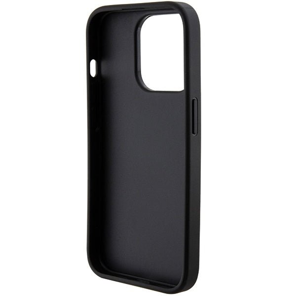 Guess iPhone 15 Pro Grip Stand 4G Saffiano Strass Logo Θήκη με Επένδυση Συνθετικού Δέρματος και Stand - Black - GUHCP15LPGSSADK