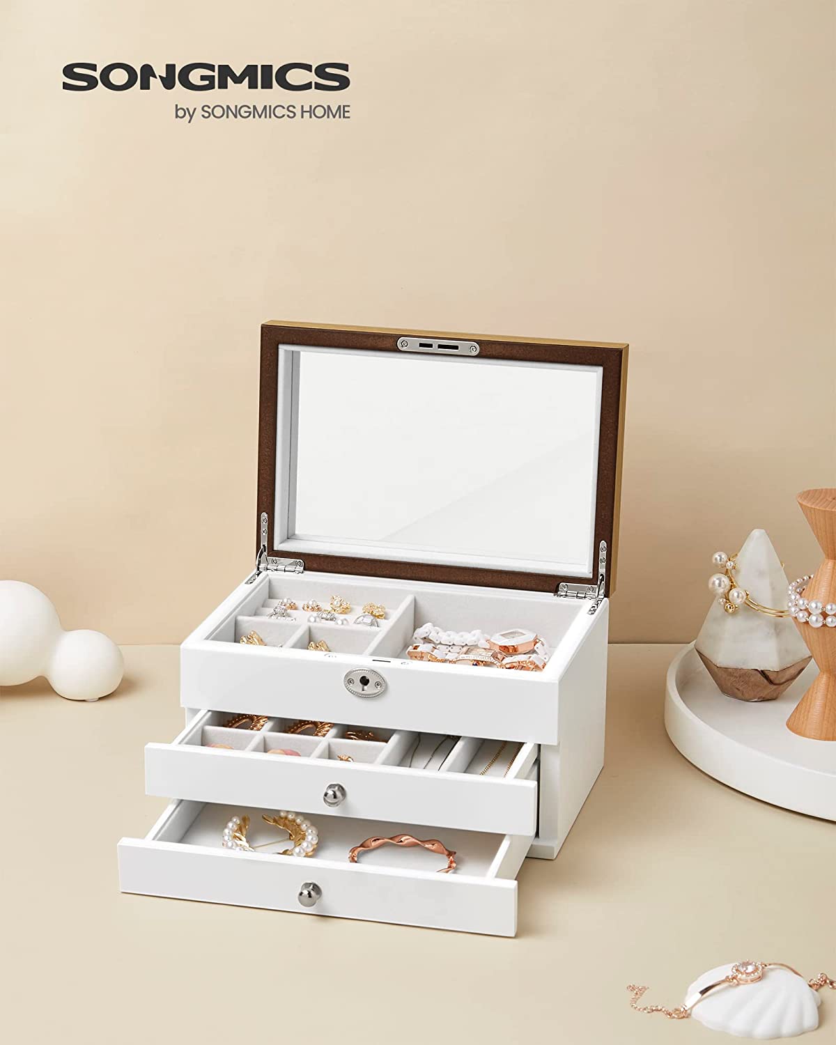 Songmics Ξύλινο Κουτί Αποθήκευσης Κοσμημάτων με 3 Επίπεδα - 24,5 x 17 x 14,5 cm - White / Natural - JOW15WNV1