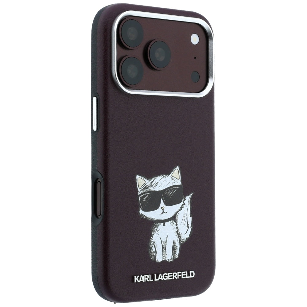 Karl Lagerfeld iPhone 17 Pro / iPhone 18 Pro - Σκληρή Θήκη με Επένδυση Συνθετικού Δέρματος και Πλαίσιο Σιλικόνης - Smooth Choupette Sketch MagSafe - Burgundy