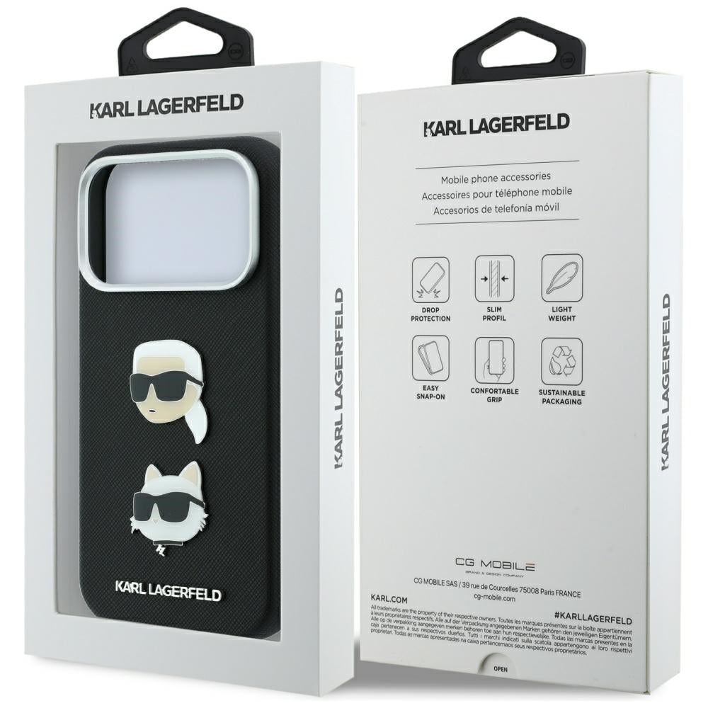 Karl Lagerfeld iPhone 18 Pro / iPhone 17 Pro - Σκληρή Θήκη με Επένδυση Συνθετικού Δέρματος και Πλαίσιο Σιλικόνης - Saffiano Double Heads Metal - Black