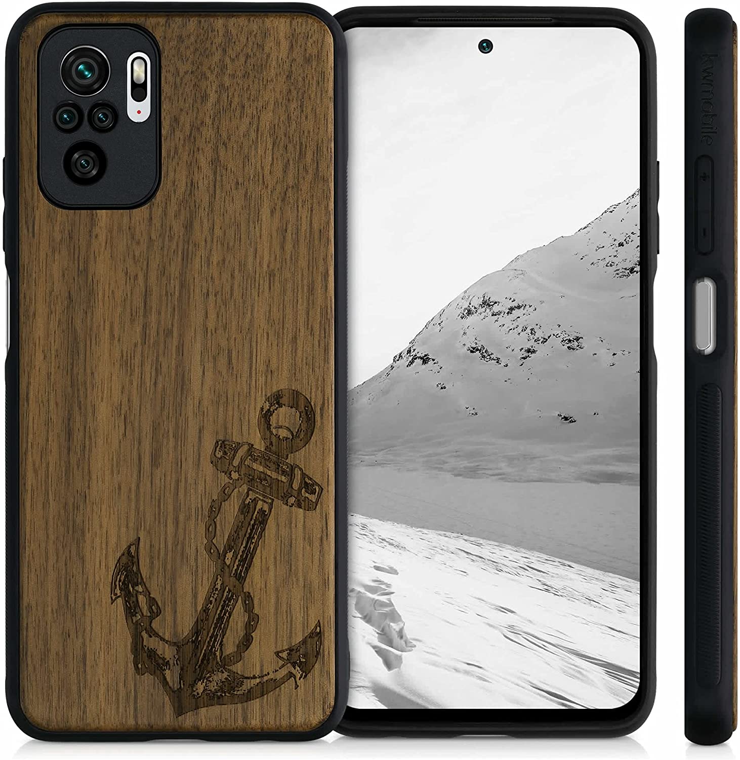 KW Xiaomi Redmi Note 10 / Note 10s / Poco M5s Θήκη από Φυσικό Ξύλο - Design Anchor Vintage - Dark Brown - 54548.03