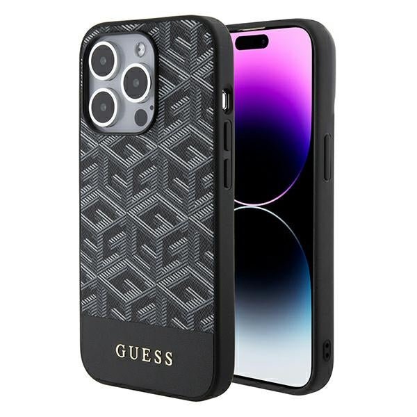 Guess iPhone 15 Pro - GCube Stripes MagSafe Σκληρή Θήκη με Επένδυση Συνθετικού Δέρματος και MagSafe - Black - GUHMP15LHGCFSEK
