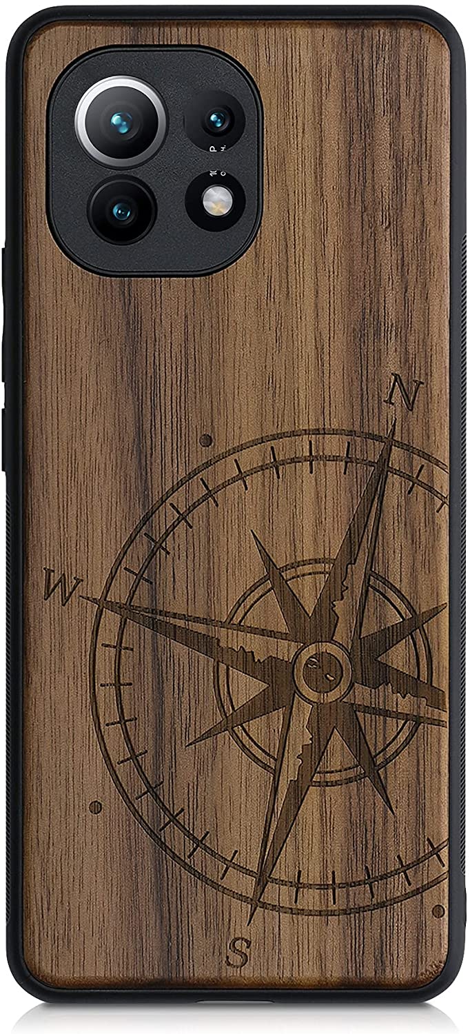 KW Xiaomi Mi 11 Θήκη από Φυσικό Ξύλο - Design Navigational Compass - Dark Brown - 54662.01